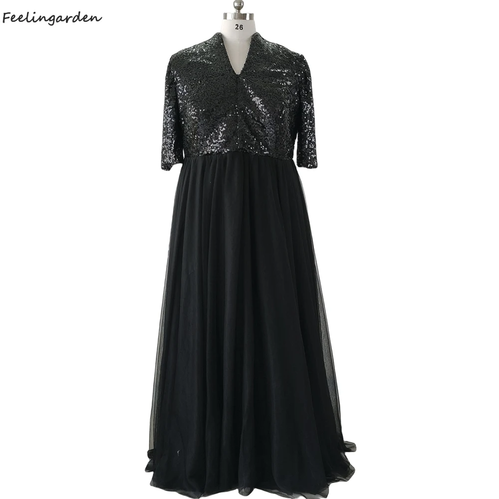 

Feelingarden Black Evening Gowns Sequins A-Line Short Sleeves Floor Length Plus size Women Party Dress Vestidos De Fiesta BR320