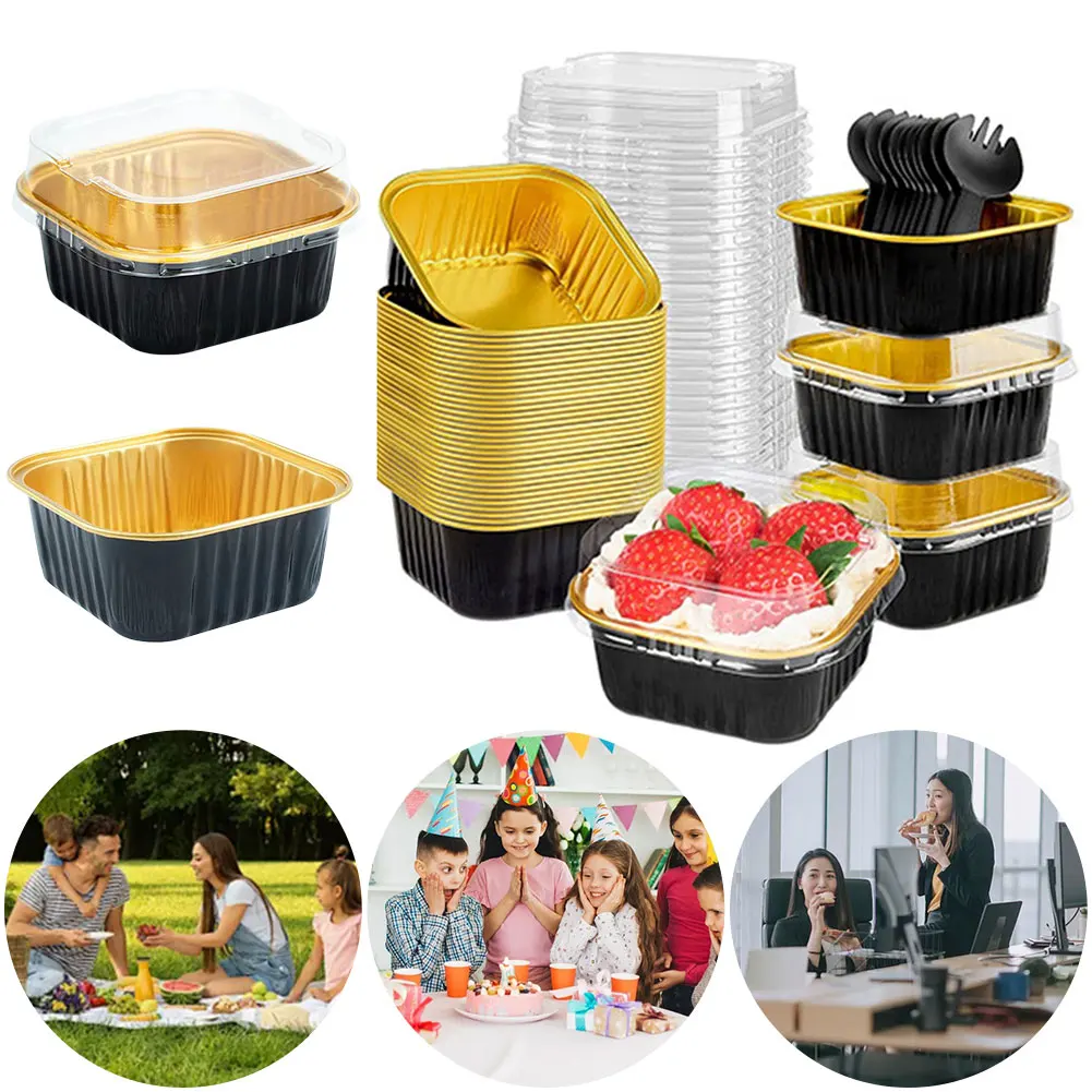 

25Pcs 150ml Square Mini Cake Pans with Lids & Spoons Disposable Cupcake Cups Square Dessert Cups for Muffins Cupcakes Pudding