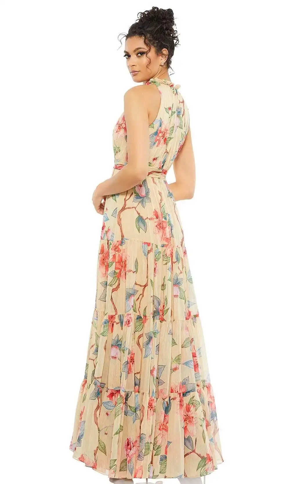 Vestido de noche largo sin mangas con estampado Floral, traje Sexy plisado de cuello alto con volantes, cola de barrido, invitados de fiesta de boda