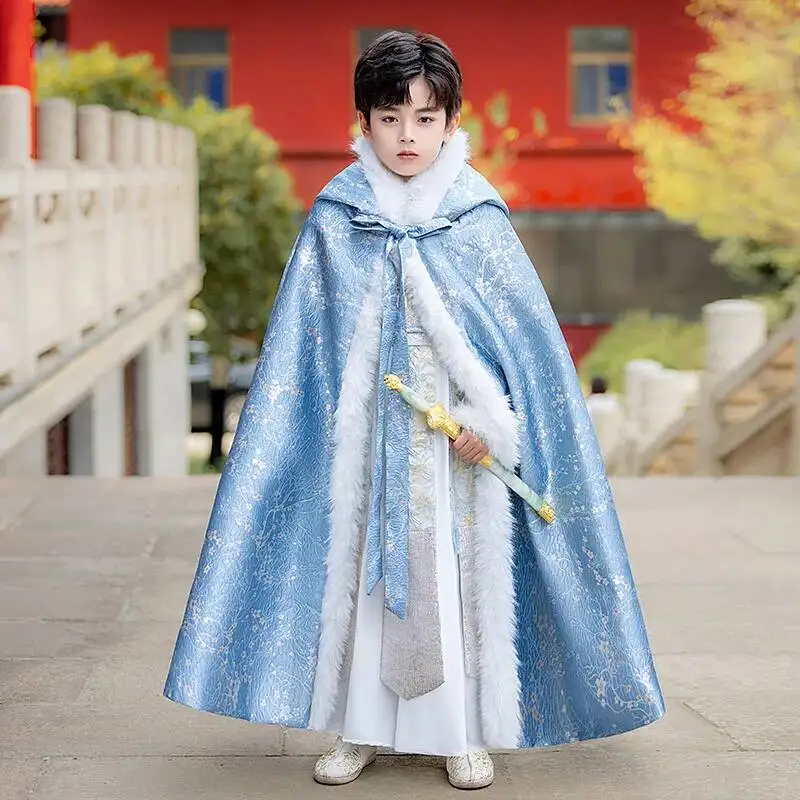 

Kids New Year's Wear Hanfu Quilted Hooded Boy's Warm Cape Winter New Thicken Cloak Chinese Children Ancient Mantle Child
