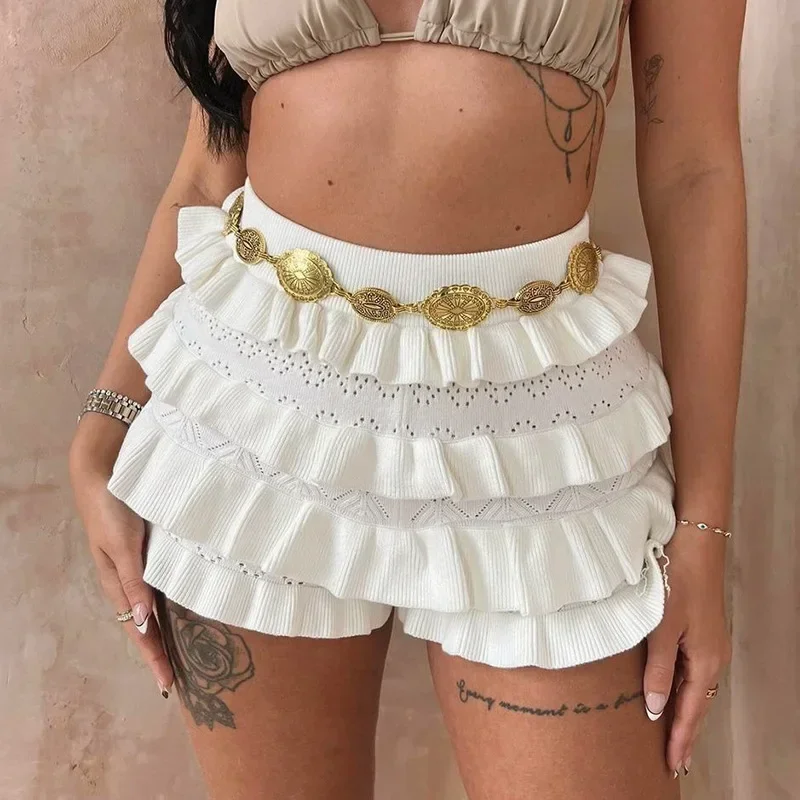 

Knitted Ruffle Shorts Sexy Pants High Waist Skinny Pants 2024 Women Clothes Club Wear Fashion Crocheted Cargo Elegant Cute Pants