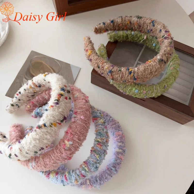 Colorful Candy Bean Yarn Wrapped Hair Hoop Women Retro High Skull Pressure Hair Small Fragrance Style Plush Velvet Hairband