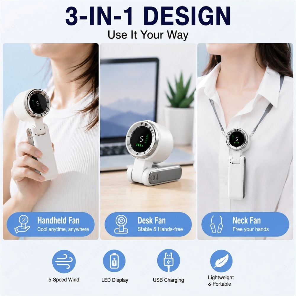 Handheld High-Speed Fan Hair Dryer, Digital Screen Displaying USB Port, Five Adjustable Outdoor Hanging Neck Handheld Fan
