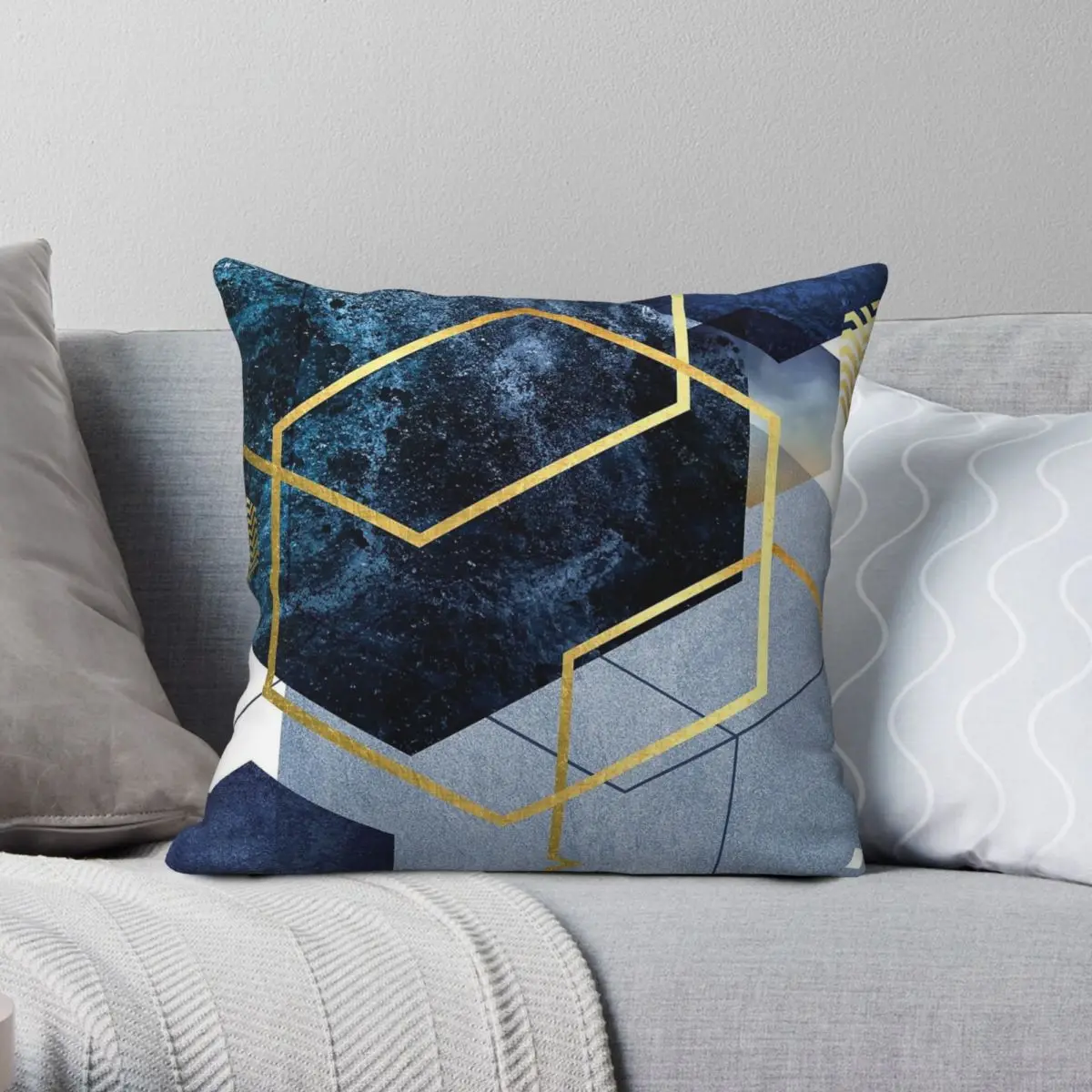 

Navy And Gold Geo Square Pillowcase Polyester Linen Velvet Printed Zip Decorative Throw Pillow Case Seater Cushion Cover 18"