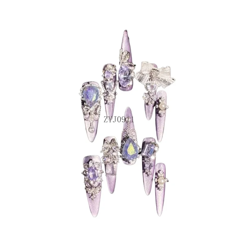 

Handmade wear nail cat eye autumn and winter white manicure purple wedding nail advanced