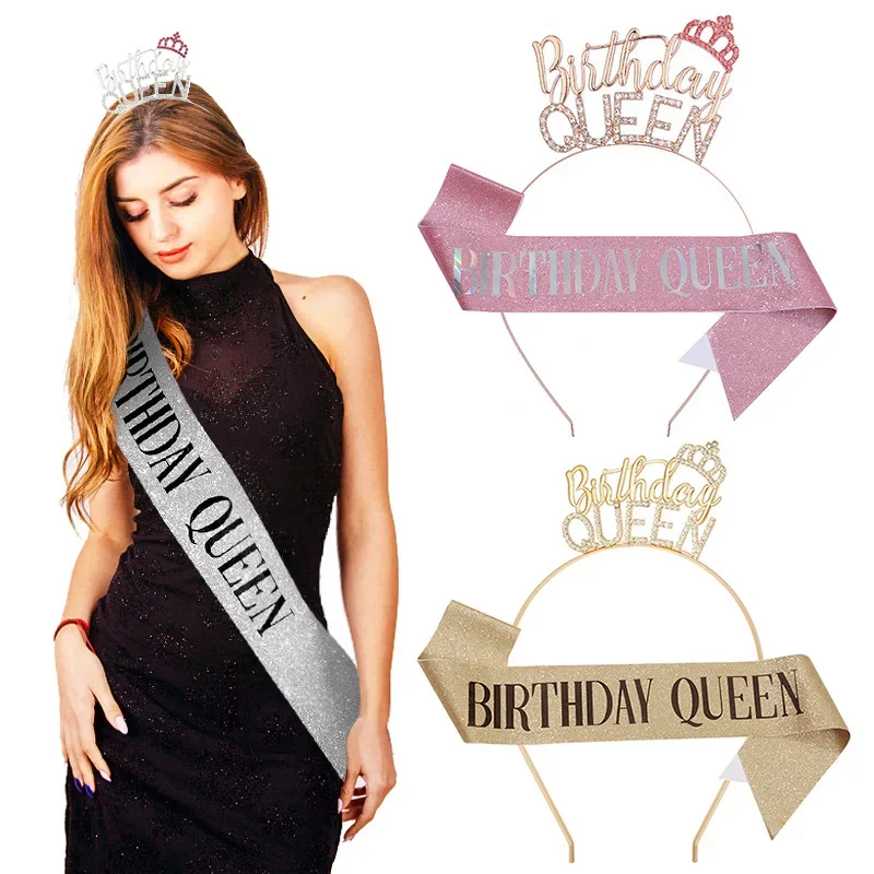 Fashion Queen Birthday Party Birthday Queen Headband Shoulder Strap Set Hair Woman Accessories Headbands Ceremonial Ribbon Women