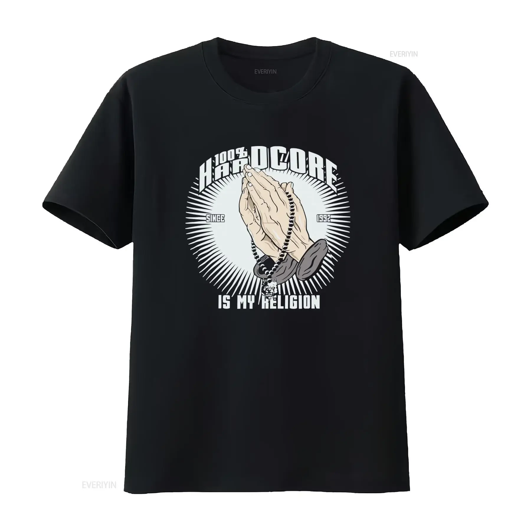 100 HARDCORE Men's T Shirt Praying Hands with Beads Design 'Religion' Theme Black Logo Gabber Style vintage Washed Soft
