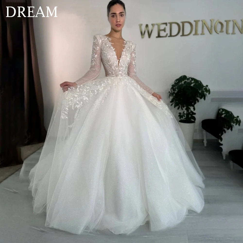 DREAM Customized Elegant Long Wedding Dress 2024 Tulle Floor Length A-Line Sweep Train Bridal Gown Women Vestidos De Novias