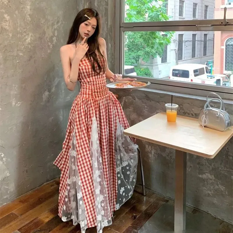 Women's Red Gingham Strapless Maxi Dress Tulle Panel Ruffled Hem Slim Fit Elegant Party Formal Dress