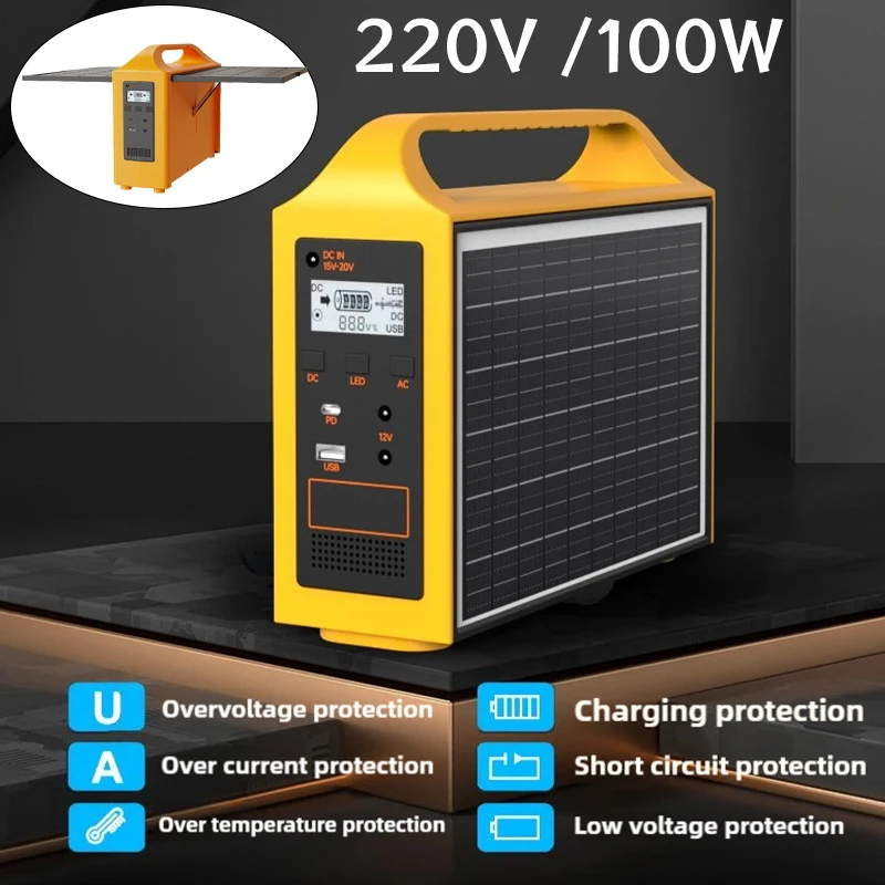 100W Portable Power Station 100V/220V Solar Power Generator UPS Charging Stations Outdoor Emergency Power Bank LED for Camping