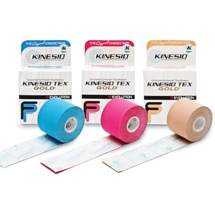 Kinesio Taping - Pacote de fita atlética terapêutica elástica Tex Gold FP - Azul Vermelho e Bege Um rolo de 2 pol. x 16,4 pés - 3 rolos