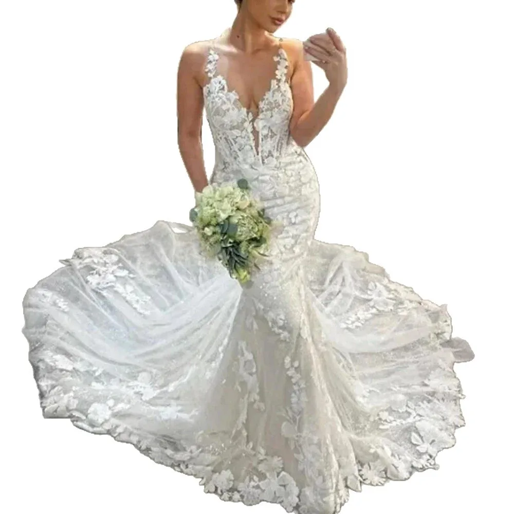 

2025-летнее сексуальное белое кружевное пышное свадебное платье на бретельках из шелковой ткани с высокой талией из Китая, трансграничное свадебное платье