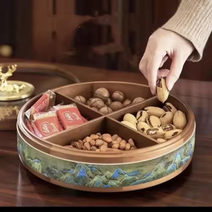 Wooden Snack Fruit Dried Fruit Storage Tray Candy Plate with Lid