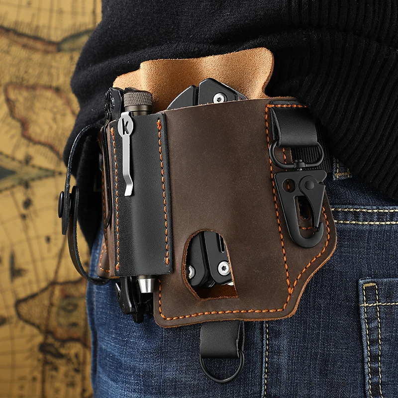 Genuine Cowhide Leather With Buckle Outdoor Portable Tactical Multifunction Belt Holster Pocket EDC Multitool Sheath Hunting Bag