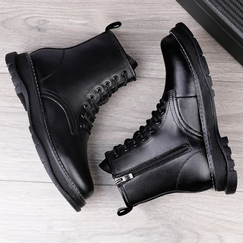 Men Leather Outdoor Ankel Boots Height Increase Insole  6cm Man Elevator Shoes Plus Size 37-44