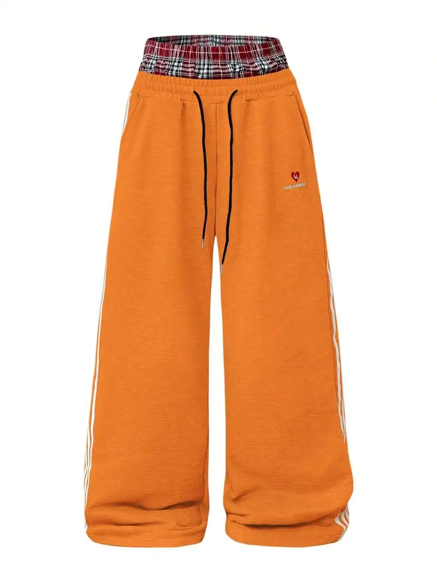 Mens Casual Wide Leg Sweatpants With Elastic Waist Drawstring Orange Streetwear