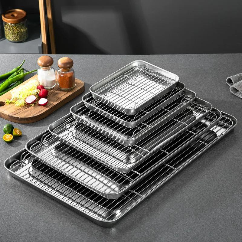 

304 Stainless Steel Food Storage Tray with Cooling Rack,BBQ Grid Bakeware, Nonstick Cake Pan, Fruit Pastry Plates, Kitchen Tools