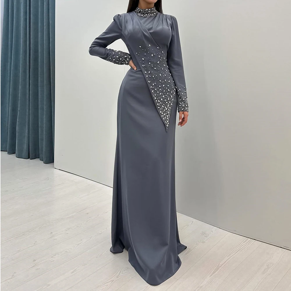 

Customized A-line Evening Dresses Floor-length High-neck Full Sleeve Prom Gown Fashion Crystal Simple Draped Pleat Party Gown