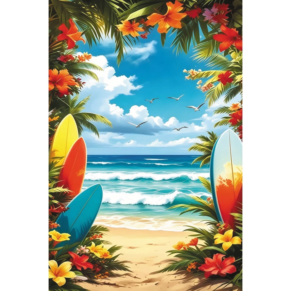 Hello Summer Tropic Seaside Backdrop Beach Palm Tree Surfboard Holiday Travel Party Decor Kids Portrait Photo Background Banner