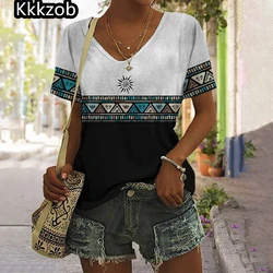 2025 Vintage Shirt for Women Totem Printed Ethnic Style Women's Clothing Summer Casual Short Sleeved Tops Tees Oversized T-Shirt