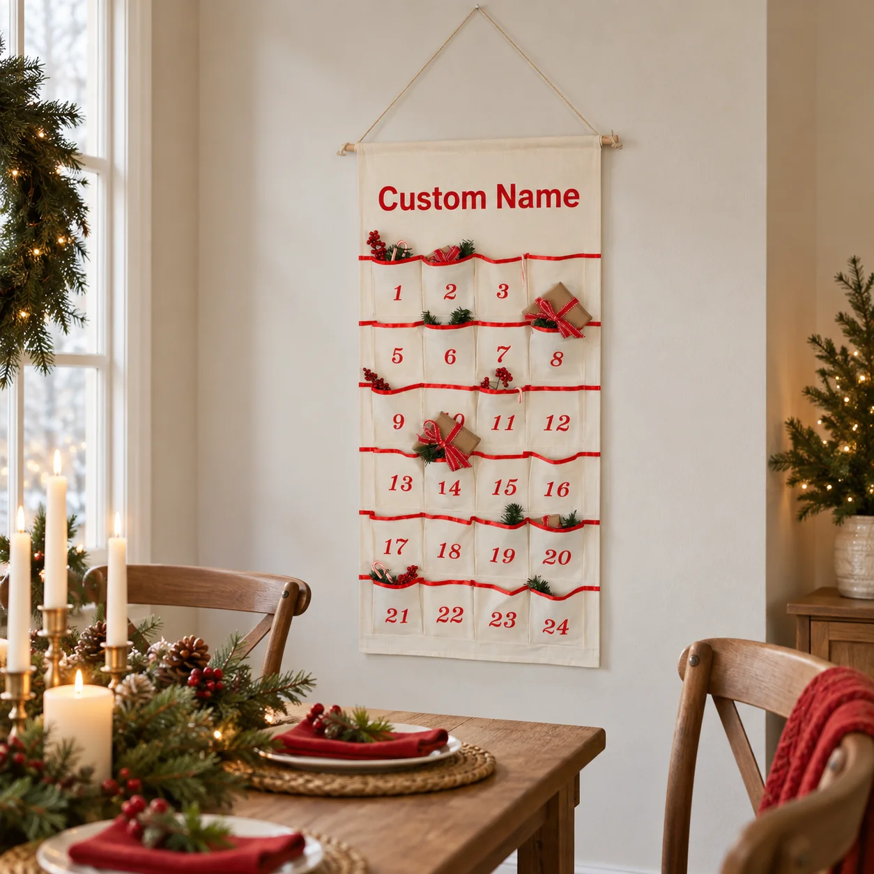 Custom Christmas Advent Calendar 24 Pocket Personalized Name Canvas Countdown Wall Hanging Decor For Kids Family Christmas Gift