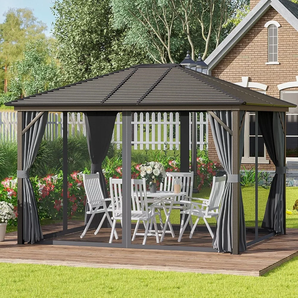 10' x 12' Hardtop Gazebo with Curtains and Netting, Permanent Pavilion Metal Single Roof Gazebo Canopy with Aluminum