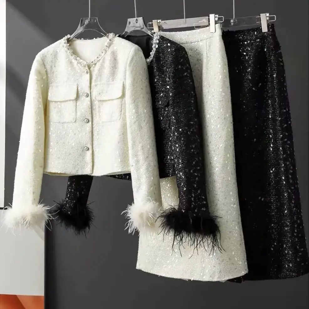 Heavy Industry New Fragrant Two Piece Skirt Set Glitter Sequin Feather Coat Style With Half Skirt High Waist Two Piece Skirt Set