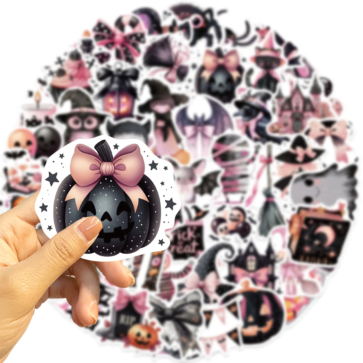 50 قطعة من ملصقات الهالوين اللطيفة باللون الأسود والوردي والديكور الإبداعي ملصقات كتيبات يدوية الصنع ألعاب الأطفال #3