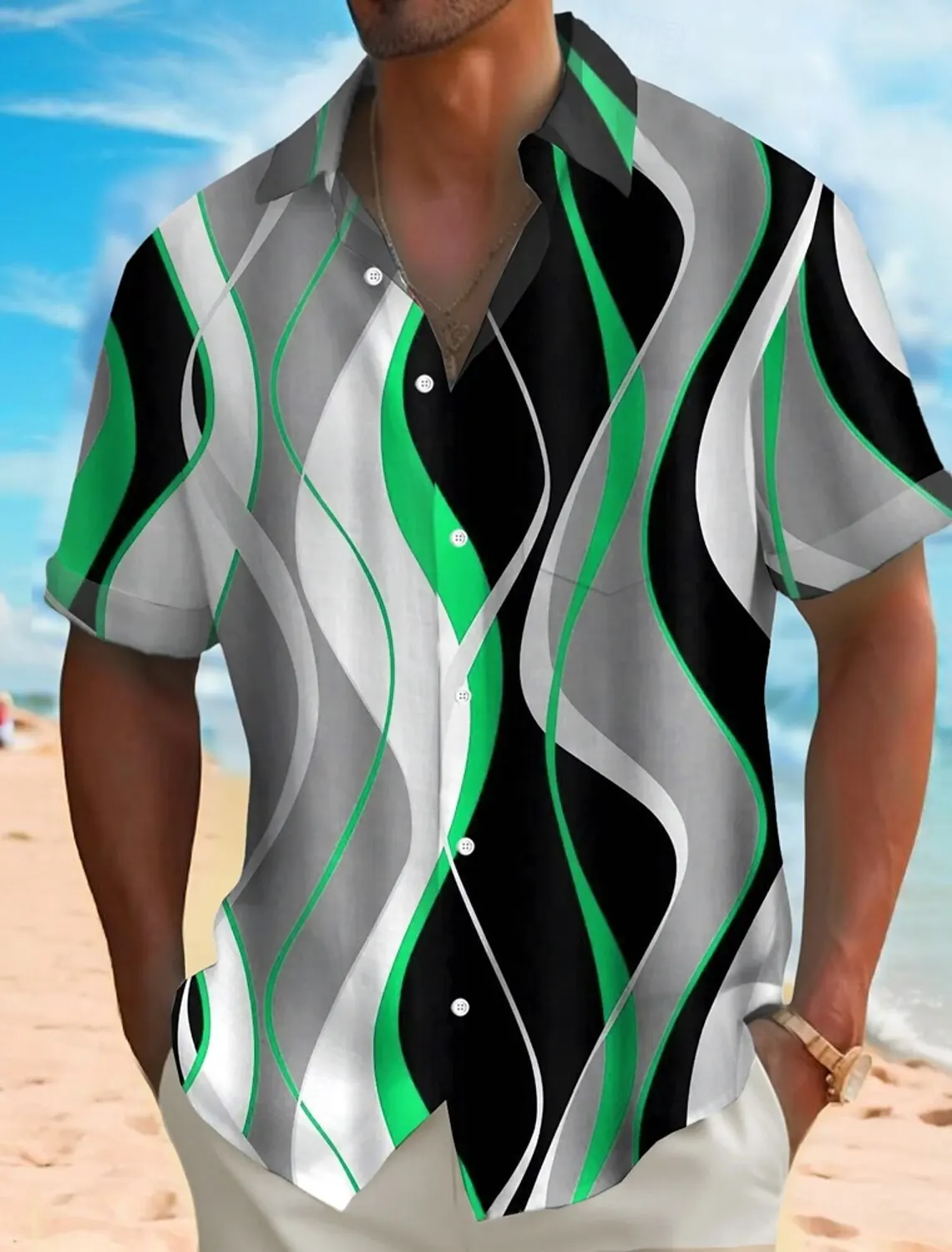 2025 Summer Men's  Geometric Waves Abstract Art Shirts Short SleeveTurndown Hawaiian Shirt Button Up Shirts No Pockets Shirts