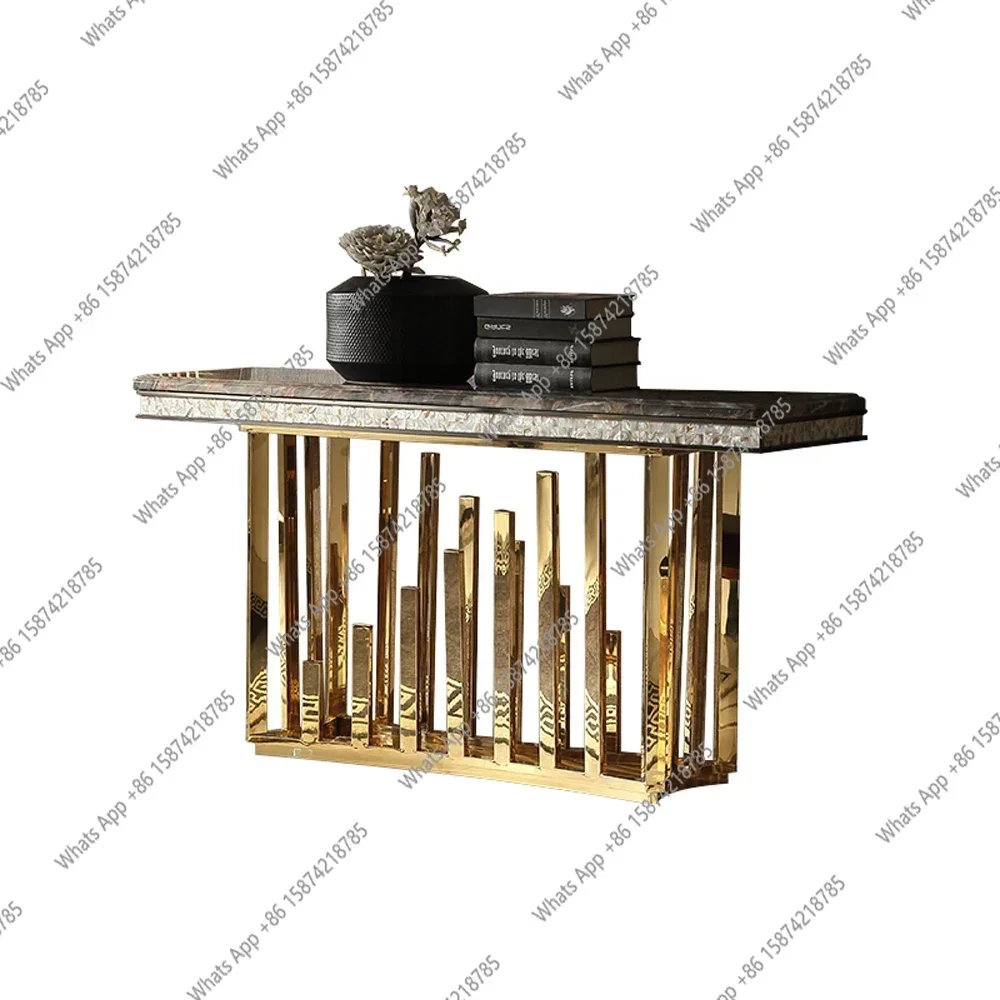 SS MANBAS Dining Side Table With Sticking Seashells, Natural Marble Stainless Steel End Table, Handmade Coastal Style Furniture