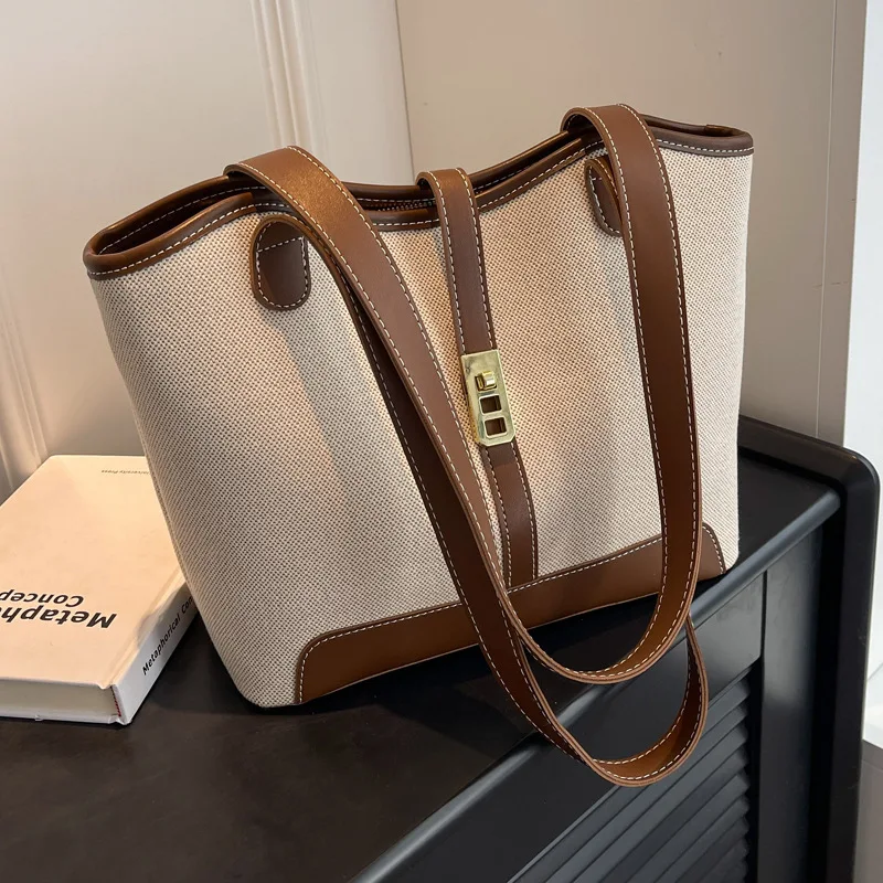 New Fashion Contrast Canvas Bag Luxury One Shoulder Handbag Casual Versatile Crossbody Bucket Bag Large Capacity Tote Bag