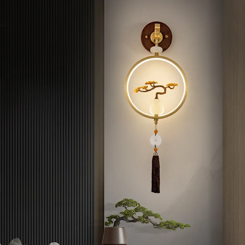 Nowa lampa z litego drewna i miedzi, nowy chiński salon, ściana tła TV, chińska lampa ścienna, lampka nocna do sypialni, lampa dekoracyjna