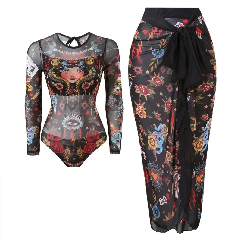 Vintage Print 2 Piece Swimsuit Women's Long Sleeve O Neck One Piece Swimsuit Bandage Cover Up Maxi Skirt Bathing Suit Beachwear