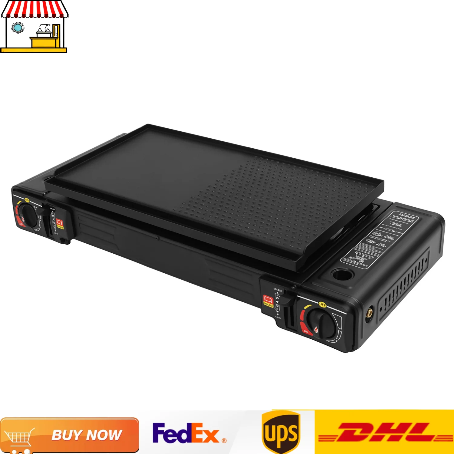 Estufa de gas para camping y juego de sartenes para asar | Estufa de exterior de 2500W con 2 quemadores de butano o GLP con protección contra sobrepresión