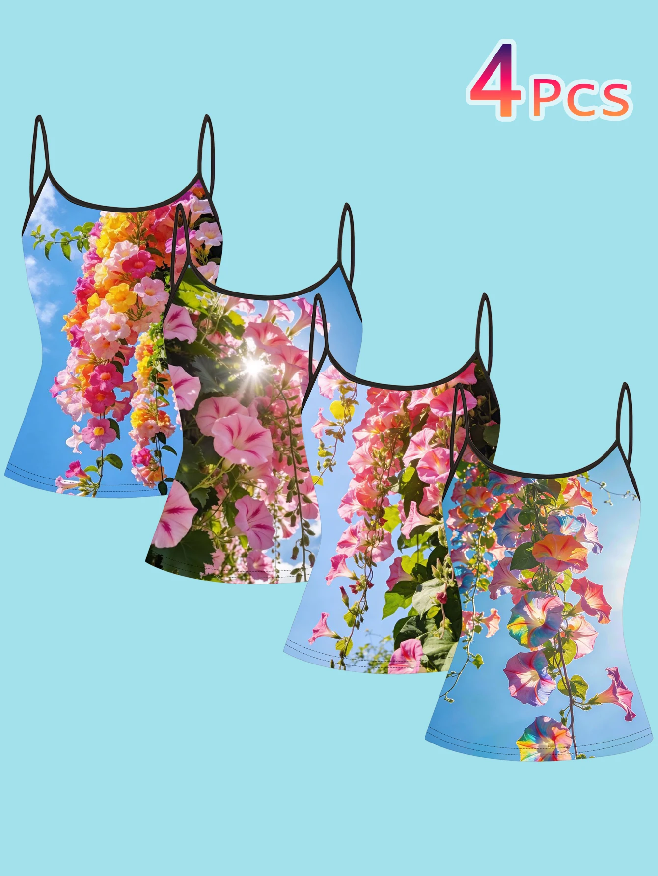 4-Piece Set of Women's Sky Blue Morning Glory Vine Print Spaghetti Strap Camisole Slim Fit Inner Layering Top