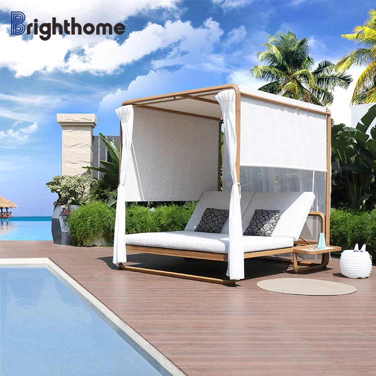 Waterproof Leisure Modern Nordic Patio Furniture Pool Double Sun Day Bed Outdoor Bali Double Sunbed With Canopy