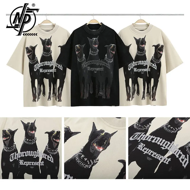 Doberman Print Oversized T Shirt Men Streetwear Hip Hop Washed Distress T-shirt Women Couple Cotton Short Sleeve Clothes Summer