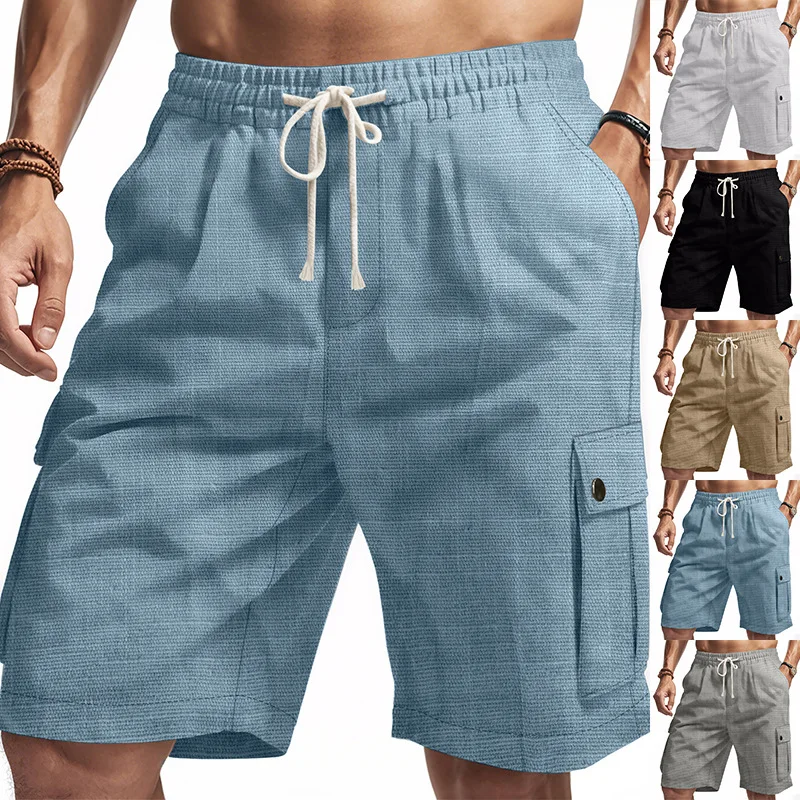 

Men Linen Shorts Men's Solid Color Cargo Short Pants with Elastic Waist Pockets for Travel Leisure Wide Leg Summer Beach Shorts