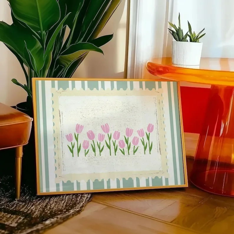 1pc frameless Canvas Painting 1pc Vintage Green Pink Tulips Flower Canvas Wall Art, Unframed Stripped Pattern Landscape Aestheti