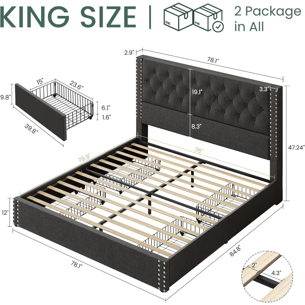 Gestoffeerd Bedframe Met Opberglinnen Platform Getuft Bedframe Met 4 Laden En Hoofdeinde, Geen Boxspring Vereist, Geluidsvrij