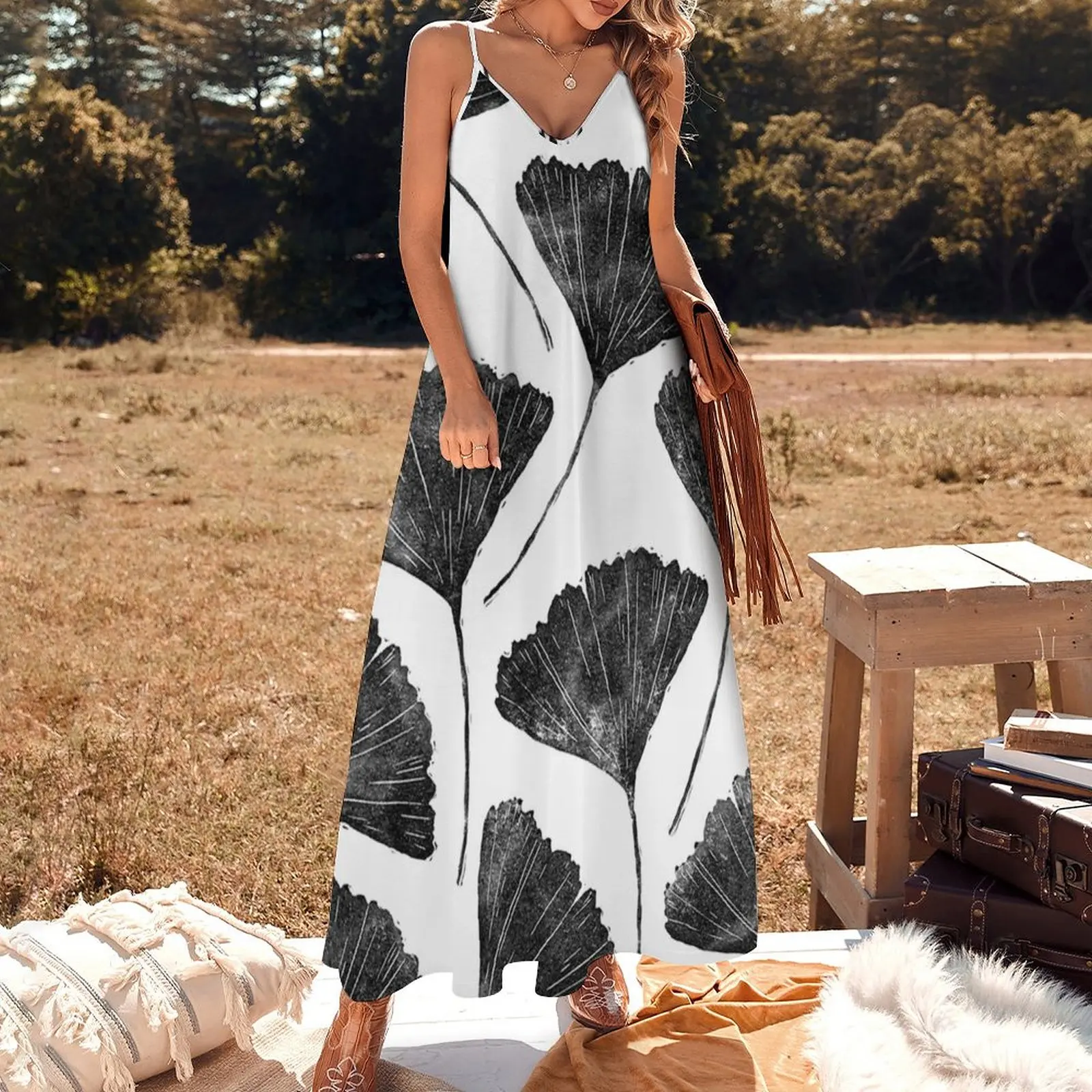 Ginkgo biloba, Lino cut nature inspired leaf pattern Sleeveless Dress sexy dress elegant dress Casual dresses