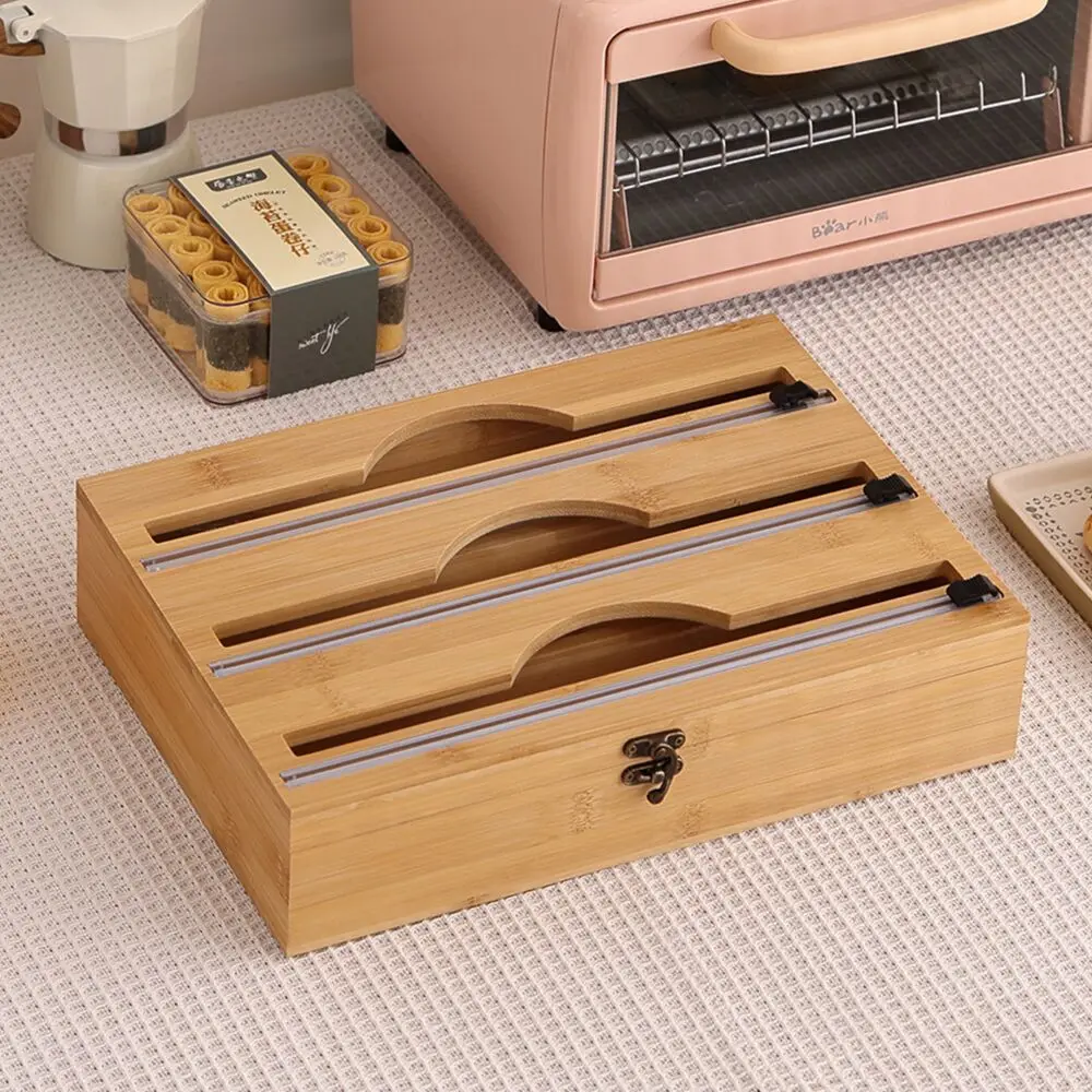 New 3 In 1 Bamboo Wrap Dispenser Storage Dispenser For Aluminum Foil Dispenser With Cutter Cling Film Holder Kitchen Accessories