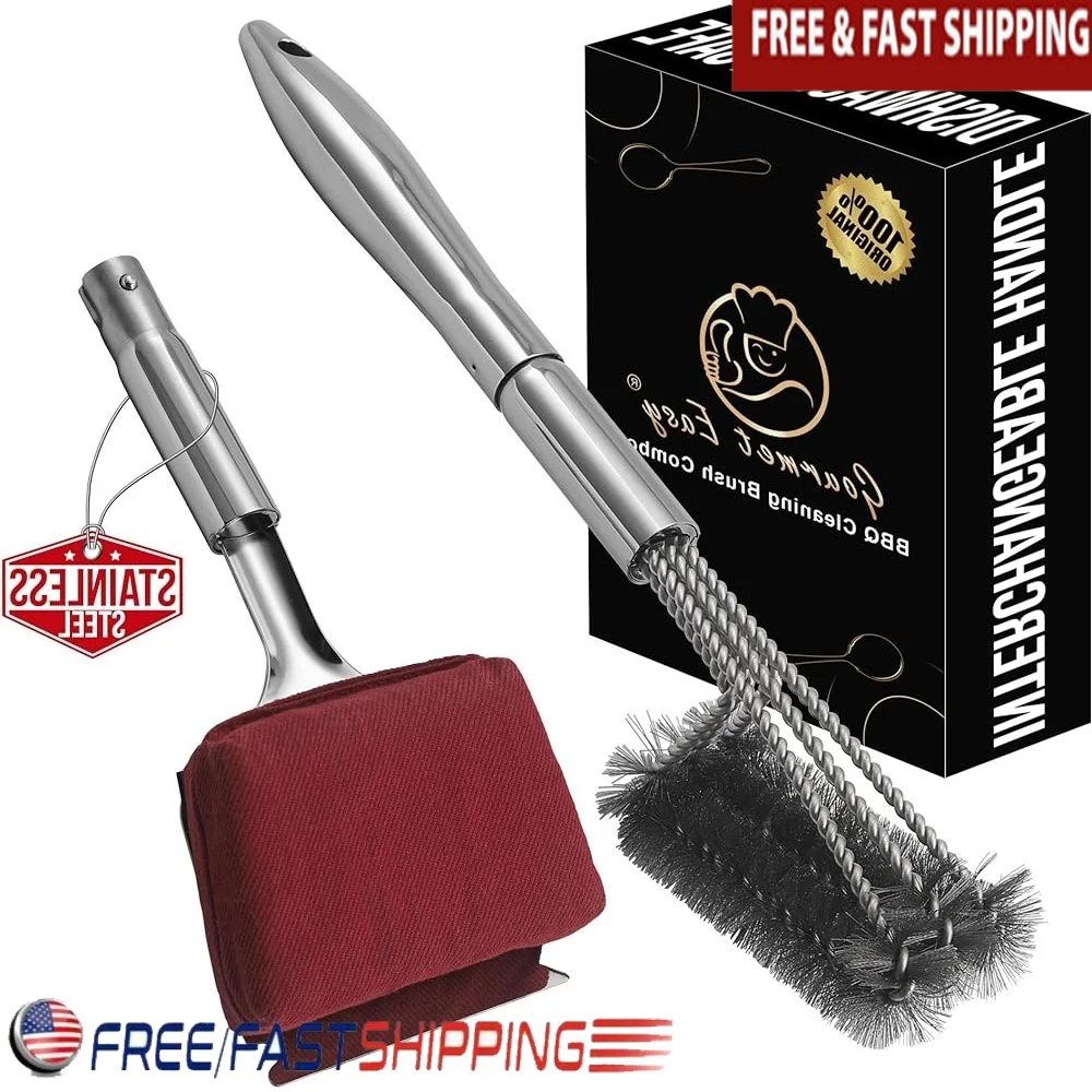 

Stainless Steel Grill Brush Cleaning Kit 2-in-1 Interchangeable BBQ Brush Griddle Scraper Ergonomic Handle Durable Gift Box