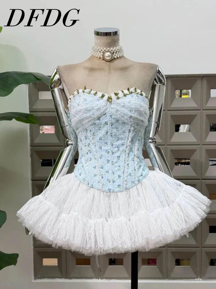 

DFDG Women 2026 Spring Two Piece Set Strapless Floral Print Corset Top High Waist Tulle Ruffle Skirt Set Elegant Party Set