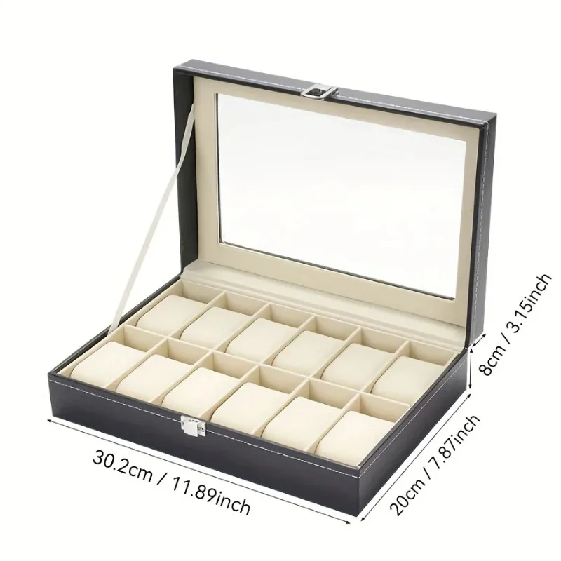 12 Slot Synthetic Leather Watch Display Case 1pc Watch Organizer with Lock Removable Pillows for Men Travel Gift
