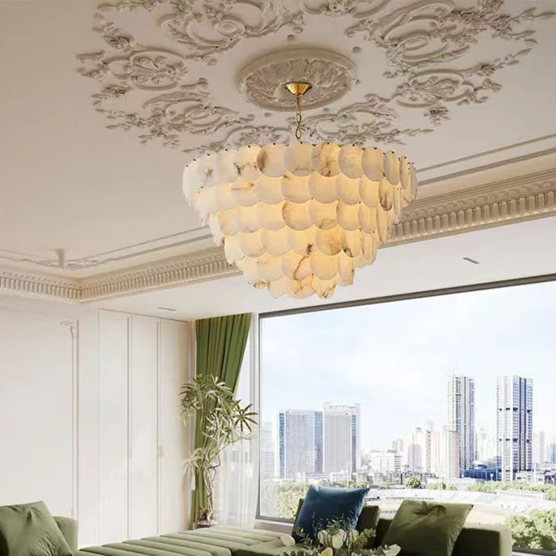 Lampu Marmer Salju Spanyol Gaya Amerika dengan Kilau Kuningan Emas, 3 Warna, Dapat Diredupkan untuk Langit-langit Hotel dan Villa