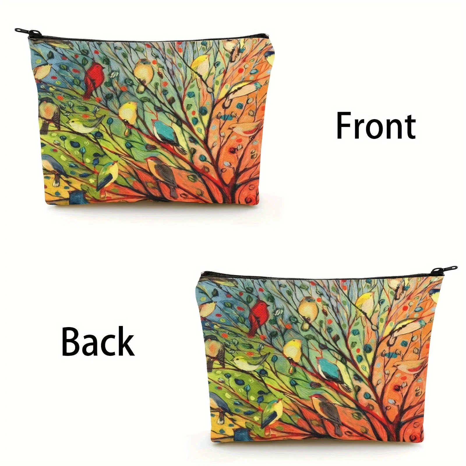 1 Pcs Whimsical Tree Bird Linen Fabric Makeup Bag for Women Cosmetic Storage Pouch with Toiletry Wash Organizer