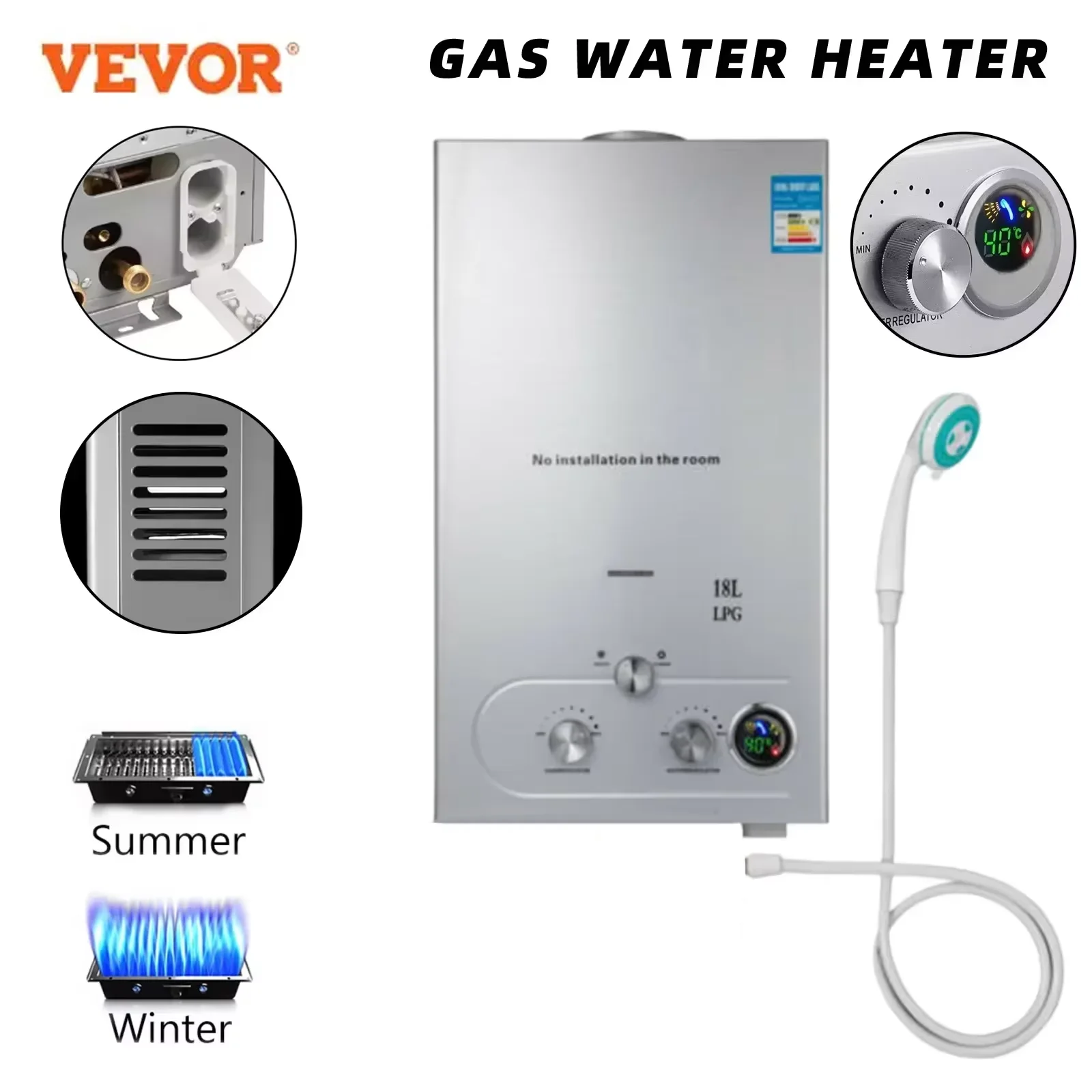 VEVOR Hot Water Heater 6L 8L 10L 12L 16L 18L Instant Propane Butane Gas Water Heater Stainless Steel Boiler Kit For Home Camping