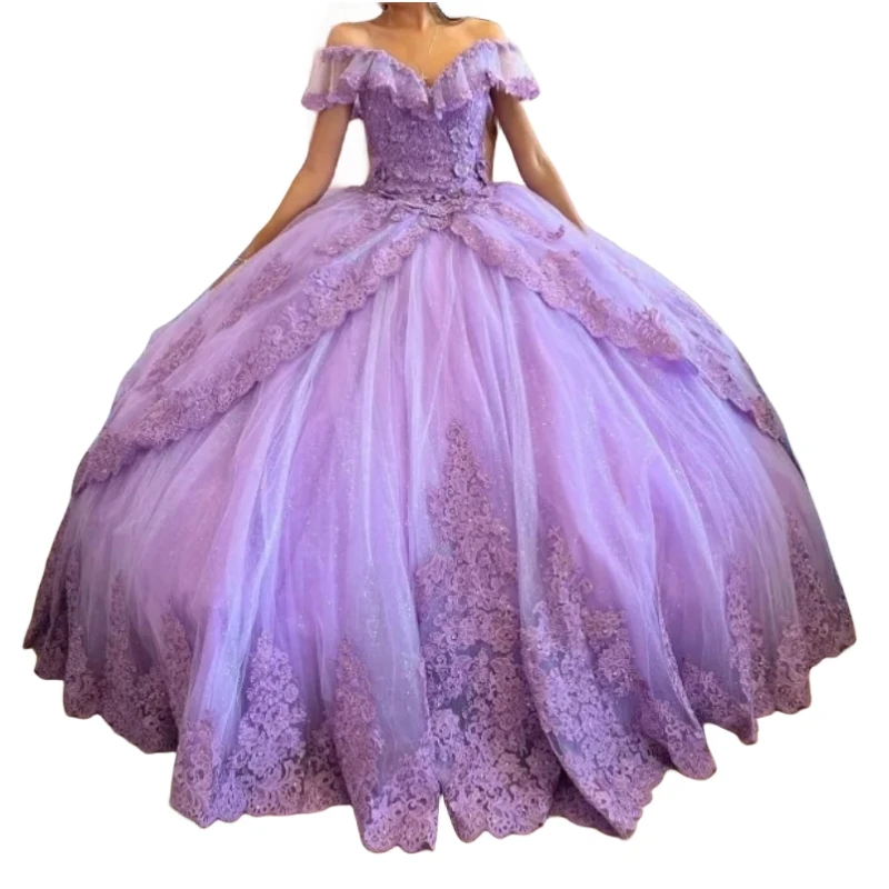 Ashey Alsa-Vestido morado De quinceañera para niña, traje De princesa con apliques y hombros descubiertos, para fiesta De graduación De 16 Años, 2024