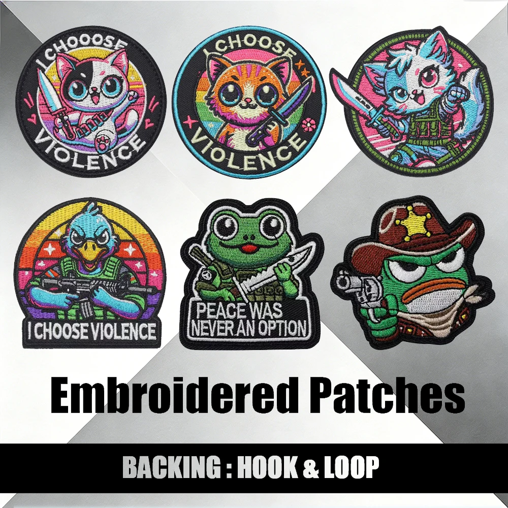 Funny Cartoon Cat Frog Duck Embroidery Patch Hook and Loop Tactical Badge Decorative Applique for Backpack Hat Jacket Vest